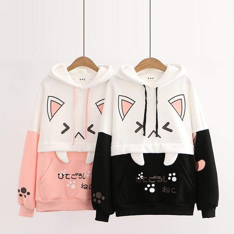 Black/Pink Cartoon Cat Print Casual Pullover Hoodies MM1276 - KawaiiMoriStore