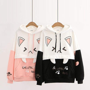 Black/Pink Cartoon Cat Print Casual Pullover Hoodies MM1276 - KawaiiMoriStore
