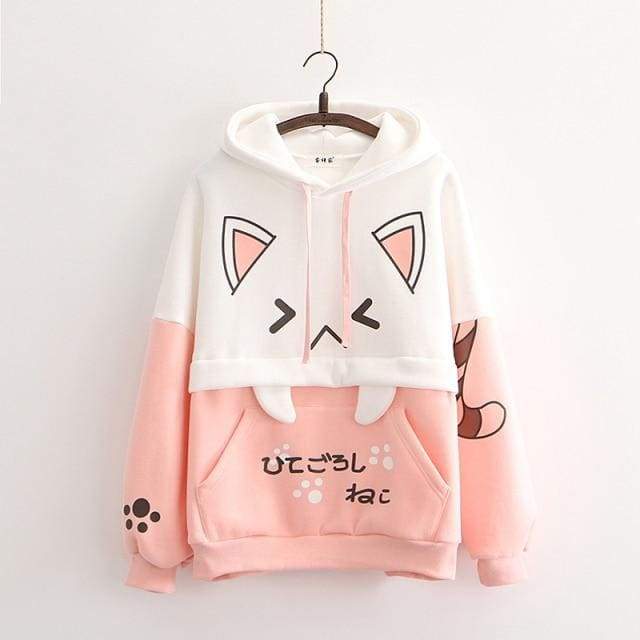 Black/Pink Cartoon Cat Print Casual Pullover Hoodies MM1276 - KawaiiMoriStore