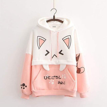 Black/Pink Cartoon Cat Print Casual Pullover Hoodies MM1276 - KawaiiMoriStore