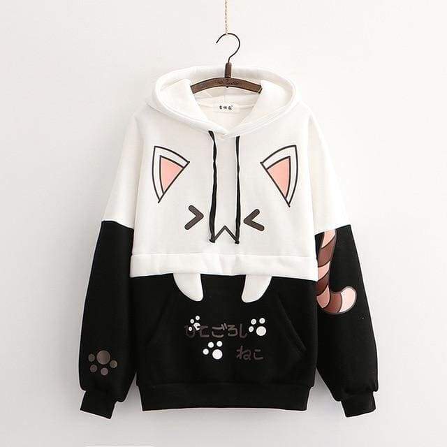 Black/Pink Cartoon Cat Print Casual Pullover Hoodies MM1276 - KawaiiMoriStore