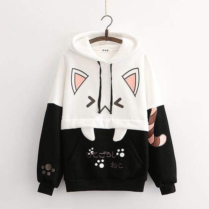 Black/Pink Cartoon Cat Print Casual Pullover Hoodies MM1276 - KawaiiMoriStore