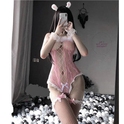 Black/Pink Lace Bunny Cosplay Bustier Fishnet Bodysuit MK177 - KawaiiMoriStore