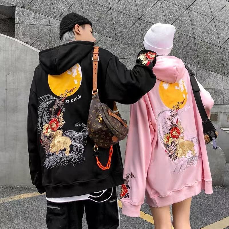Black/Pink/White Embroidery Harajuku Moon Couples Hoodie MK16012 - KawaiiMoriStore
