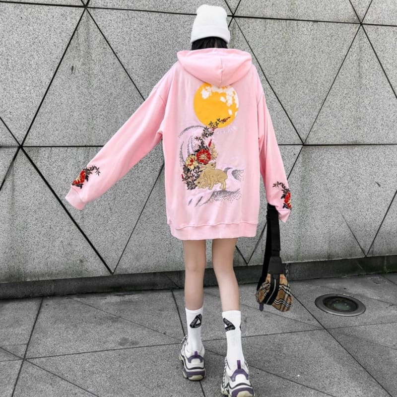 Black/Pink/White Embroidery Harajuku Moon Couples Hoodie MK16012 - KawaiiMoriStore