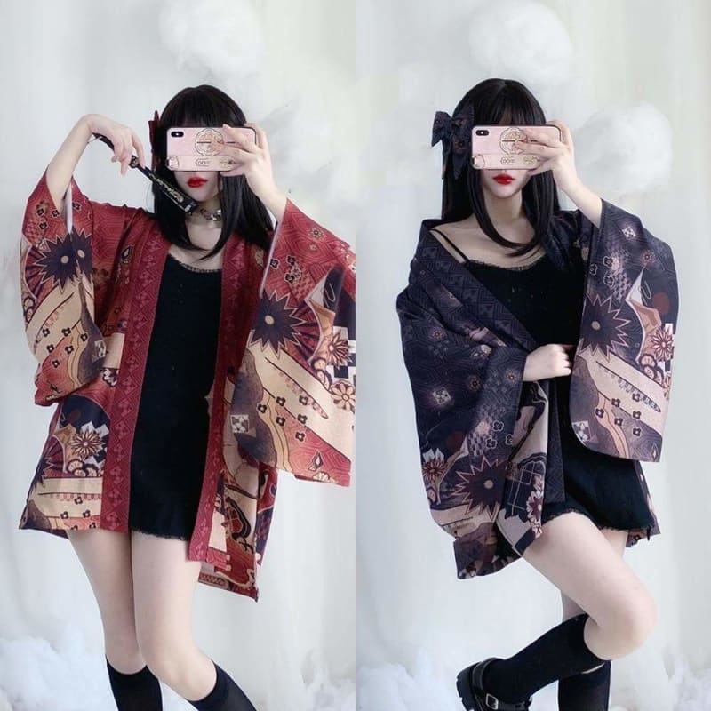 Black/Red Cute Japanese Geisha Haori Kawaii Kimono MK16062 -