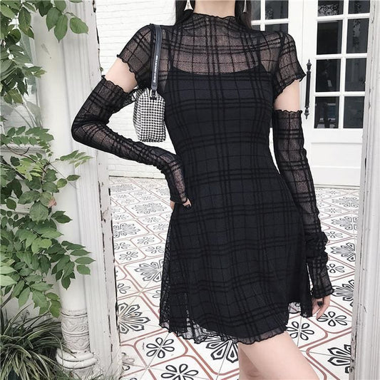 Black/Red Goth Girl Look Gauze Dress MK16046 - KawaiiMoriStore