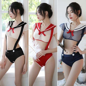 Black/Red/Blue Transparent Sailor Uniform Lingerie Set 