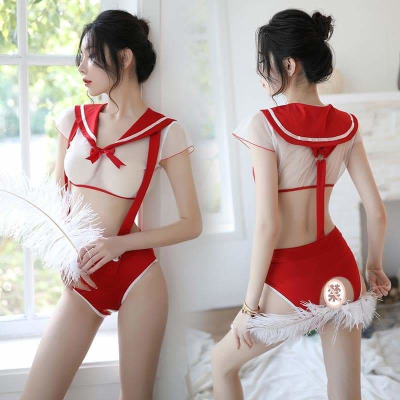 Black/Red/Blue Transparent Sailor Uniform Lingerie Set 