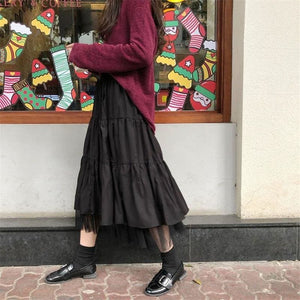 Black/White High Waist Mesh Pleated Long Skirt MK15743 - KawaiiMoriStore