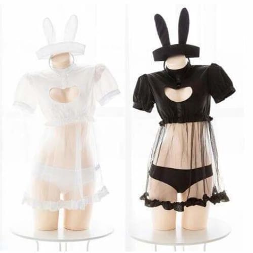 Black/White Kawaii Bunny Heart Hollow Unifrom Lingerie Set 