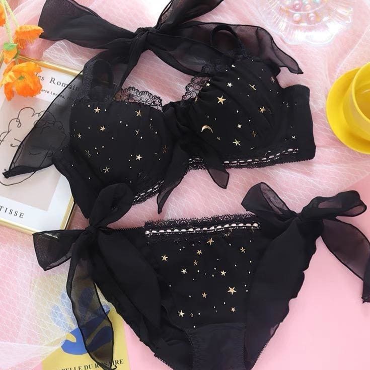 Black/White Moon Stars Underwear Set MK16058 - KawaiiMoriStore