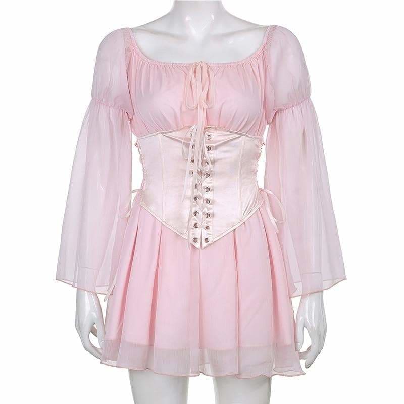 Black/White/Pink Flare Sleeve Chiffon Dress With Corset 2 