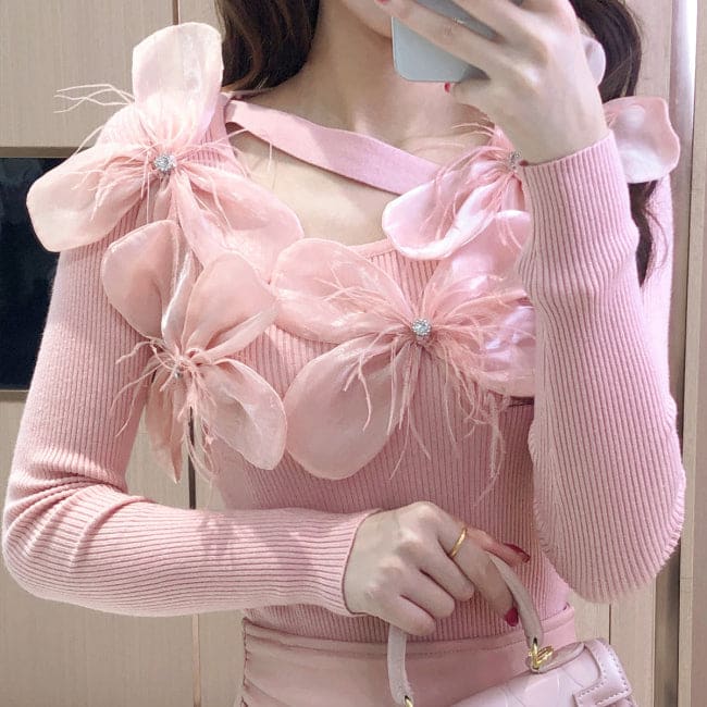 Blooming Flower Pinky Sweater Top - sweater