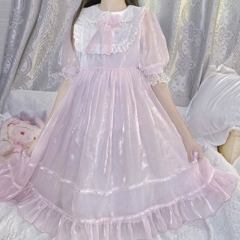 Blue Black Pink Bow Cute Ruffles Pan Collar Dress MK15797 - KawaiiMoriStore