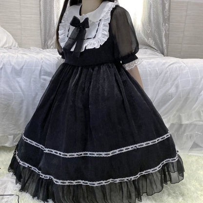 Blue Black Pink Bow Cute Ruffles Pan Collar Dress MK15797 - KawaiiMoriStore