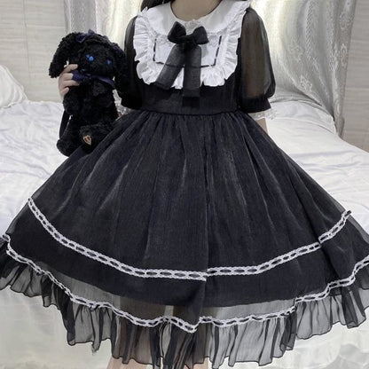 Blue Black Pink Bow Cute Ruffles Pan Collar Dress MK15797 - KawaiiMoriStore