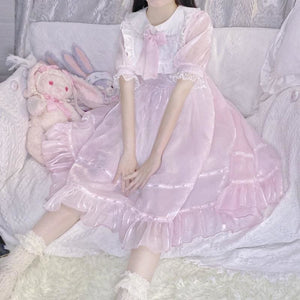 Blue Black Pink Bow Cute Ruffles Pan Collar Dress MK15797 - KawaiiMoriStore