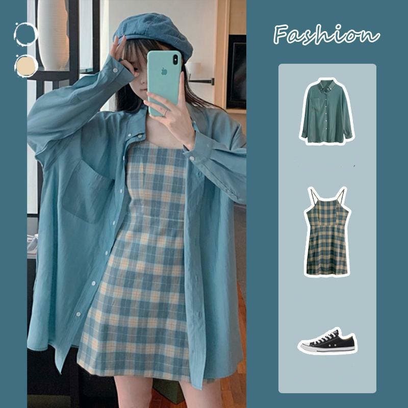 Blue Sunscreen Shirt + Plaid Sling Slim A-line Dress Two-piece Suit MK15624 - KawaiiMoriStore