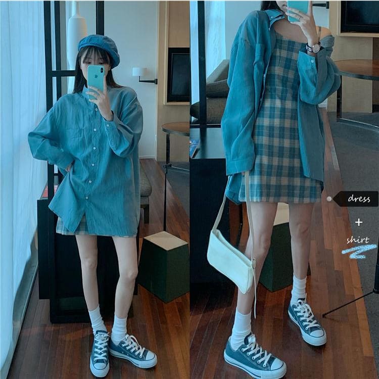 Blue Sunscreen Shirt + Plaid Sling Slim A-line Dress Two-piece Suit MK15624 - KawaiiMoriStore