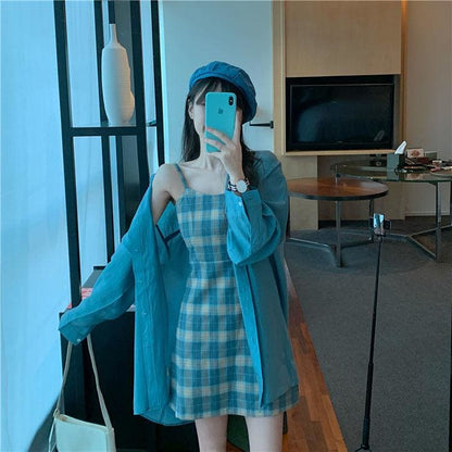 Blue Sunscreen Shirt + Plaid Sling Slim A-line Dress Two-piece Suit MK15624 - KawaiiMoriStore