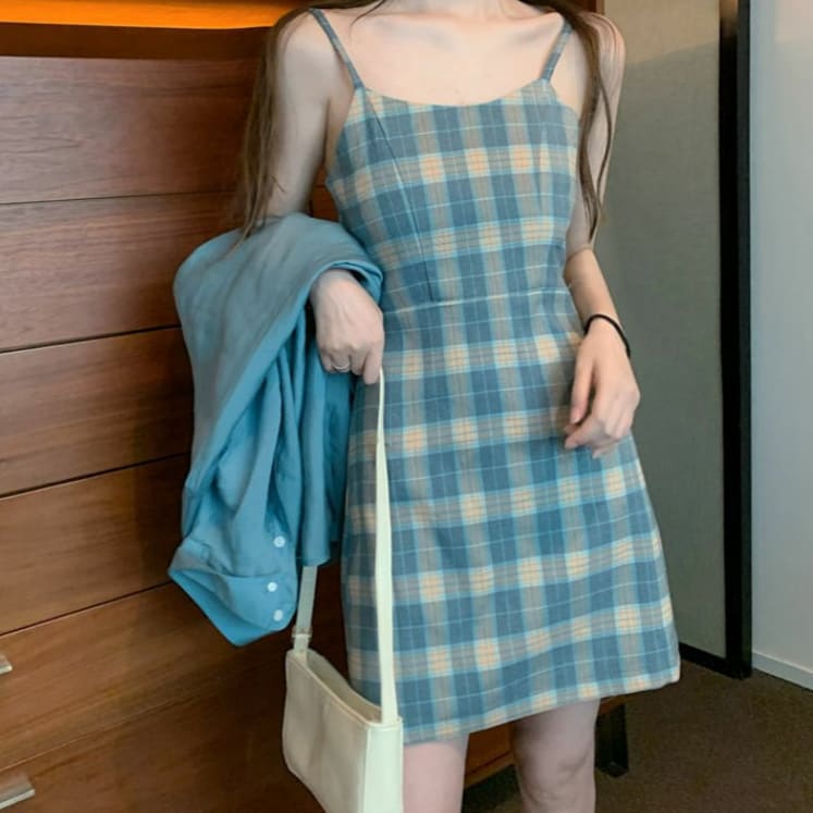 Blue Sunscreen Shirt + Plaid Sling Slim A-line Dress Two-piece Suit MK15624 - KawaiiMoriStore