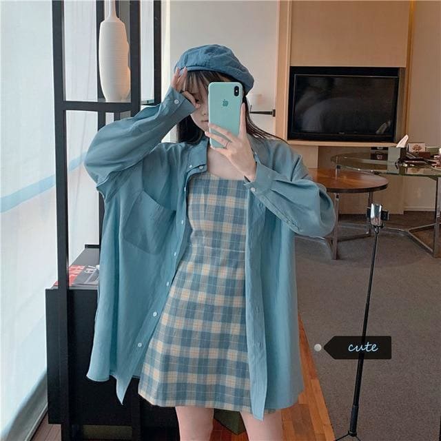 Blue Sunscreen Shirt + Plaid Sling Slim A-line Dress Two-piece Suit MK15624 - KawaiiMoriStore