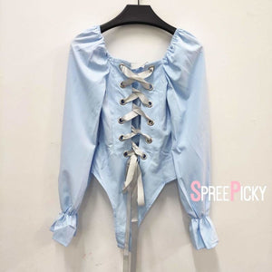 Blue/Black Backless Lace Up Square Collar Long Sleeve 