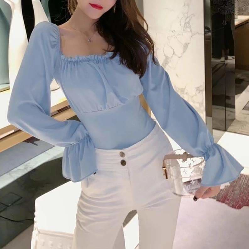 Blue/Black Backless Lace Up Square Collar Long Sleeve 