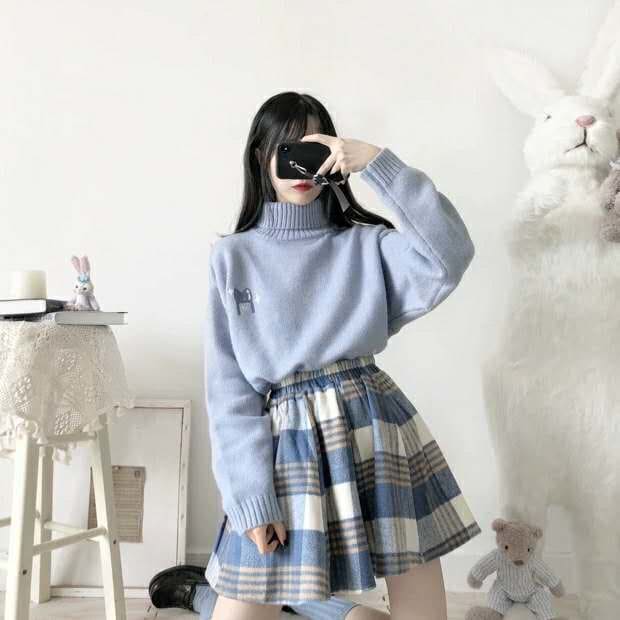 Blue/Pink Sweater and Plaid Pleasted Skirt Set MK14839 - KawaiiMoriStore