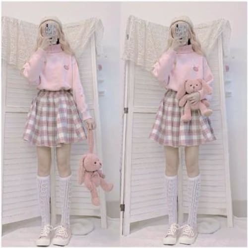 Blue/Pink Sweater and Plaid Pleasted Skirt Set MK14839 - KawaiiMoriStore