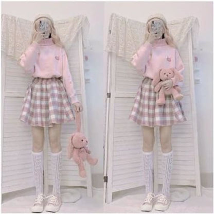 Blue/Pink Sweater and Plaid Pleasted Skirt Set MK14839 - KawaiiMoriStore