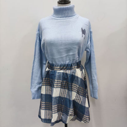 Blue/Pink Sweater and Plaid Pleasted Skirt Set MK14839 - KawaiiMoriStore