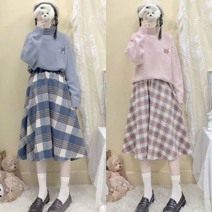 Blue/Pink Sweater and Plaid Pleasted Skirt Set MK14839 - KawaiiMoriStore