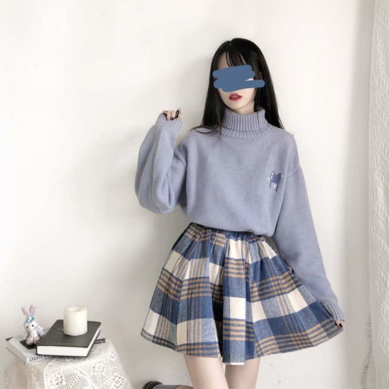 Blue/Pink Sweater and Plaid Pleasted Skirt Set MK14839 - KawaiiMoriStore