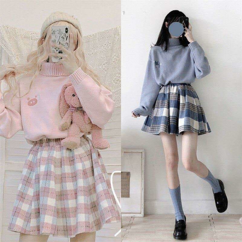 Blue/Pink Sweater and Plaid Pleasted Skirt Set MK14839 - KawaiiMoriStore