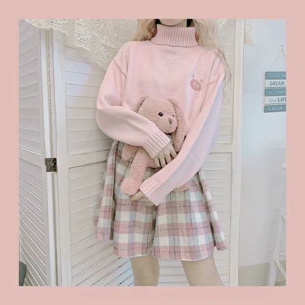 Blue/Pink Sweater and Plaid Pleasted Skirt Set MK14839 - KawaiiMoriStore