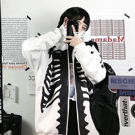 Bones Print Zipper Hoodie - White / One Size / China - 