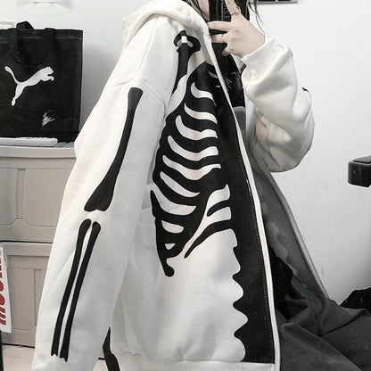 Bones Print Zipper Hoodie - White / One Size / China - 