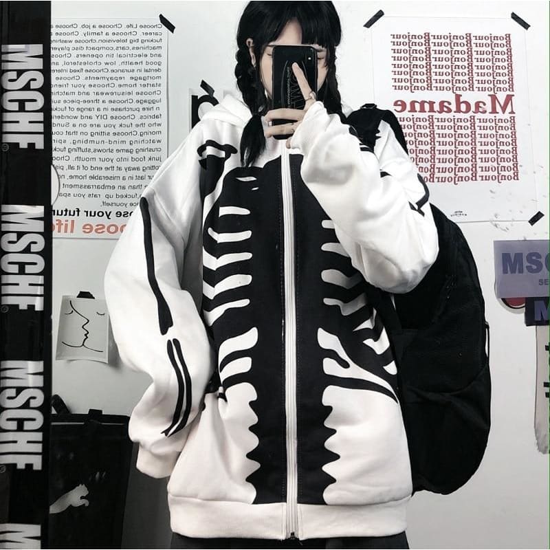 Bones Print Zipper Hoodie - White / One Size / China - 