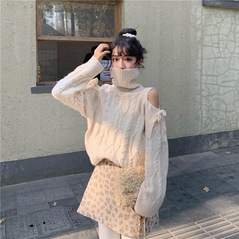 Bow Dew Shoulder Long Sleeve Turtleneck Sweater MK15623 - KawaiiMoriStore