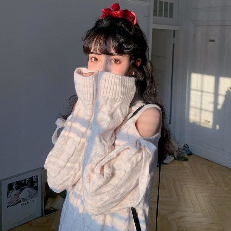 Bow Dew Shoulder Long Sleeve Turtleneck Sweater MK15623 - KawaiiMoriStore