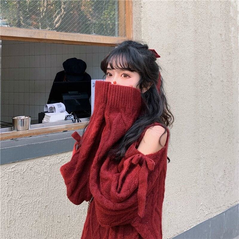 Bow Dew Shoulder Long Sleeve Turtleneck Sweater MK15623 - KawaiiMoriStore