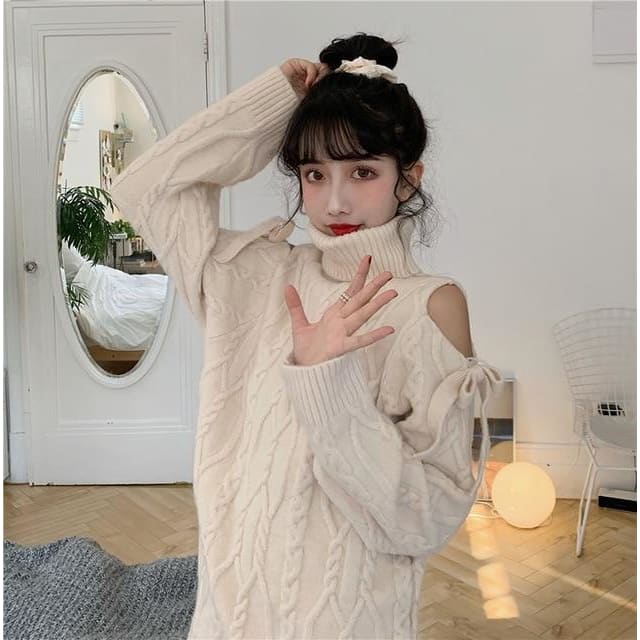 Bow Dew Shoulder Long Sleeve Turtleneck Sweater MK15623 - KawaiiMoriStore