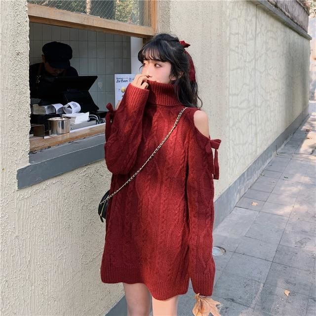 Bow Dew Shoulder Long Sleeve Turtleneck Sweater MK15623 - KawaiiMoriStore