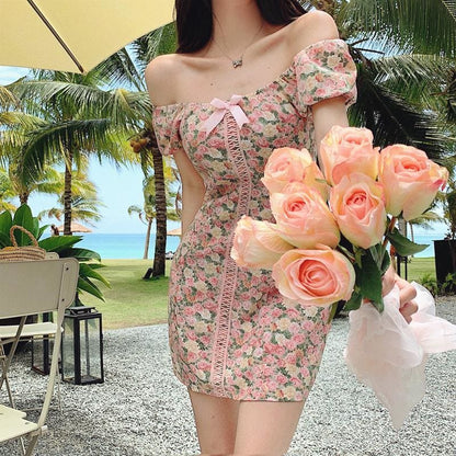 Bow Floral One-Shoulder Mini Dress