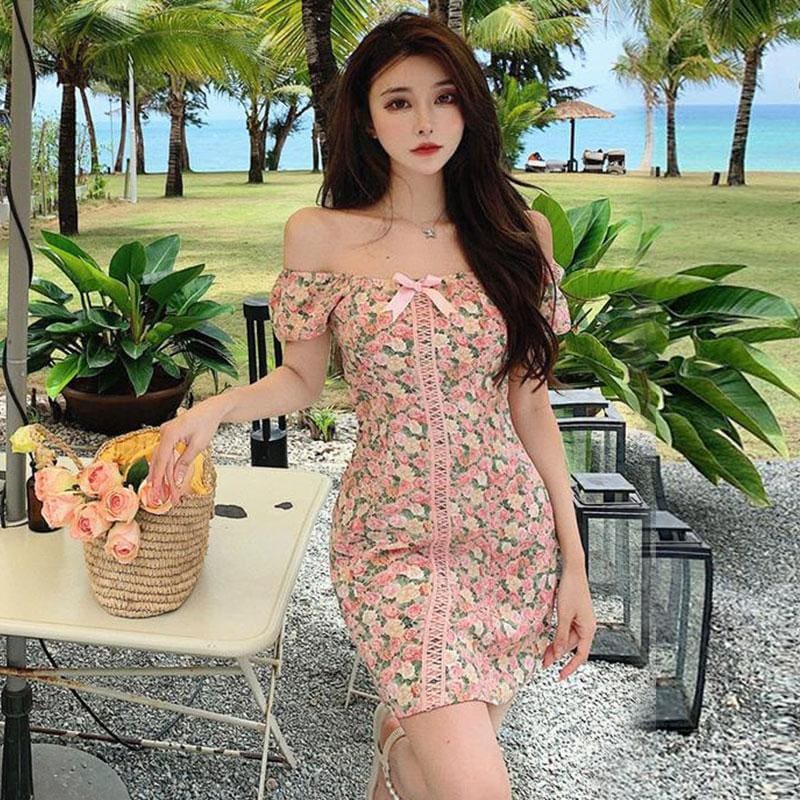 Bow Floral One-Shoulder Mini Dress