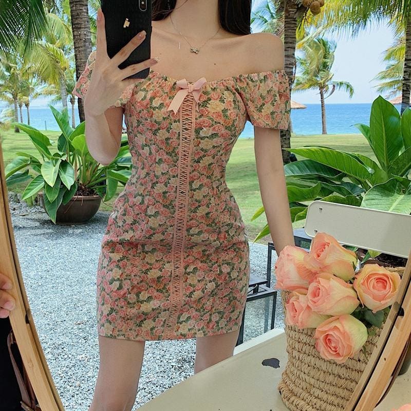 Bow Floral One-Shoulder Mini Dress