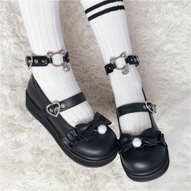 Bow Love Heart Buckle Kitty Mary Janes Shoes MK15239 - KawaiiMoriStore