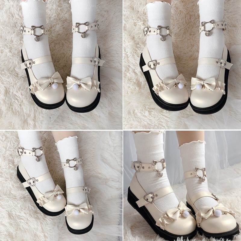 Bow Love Heart Buckle Kitty Mary Janes Shoes MK15239 - KawaiiMoriStore